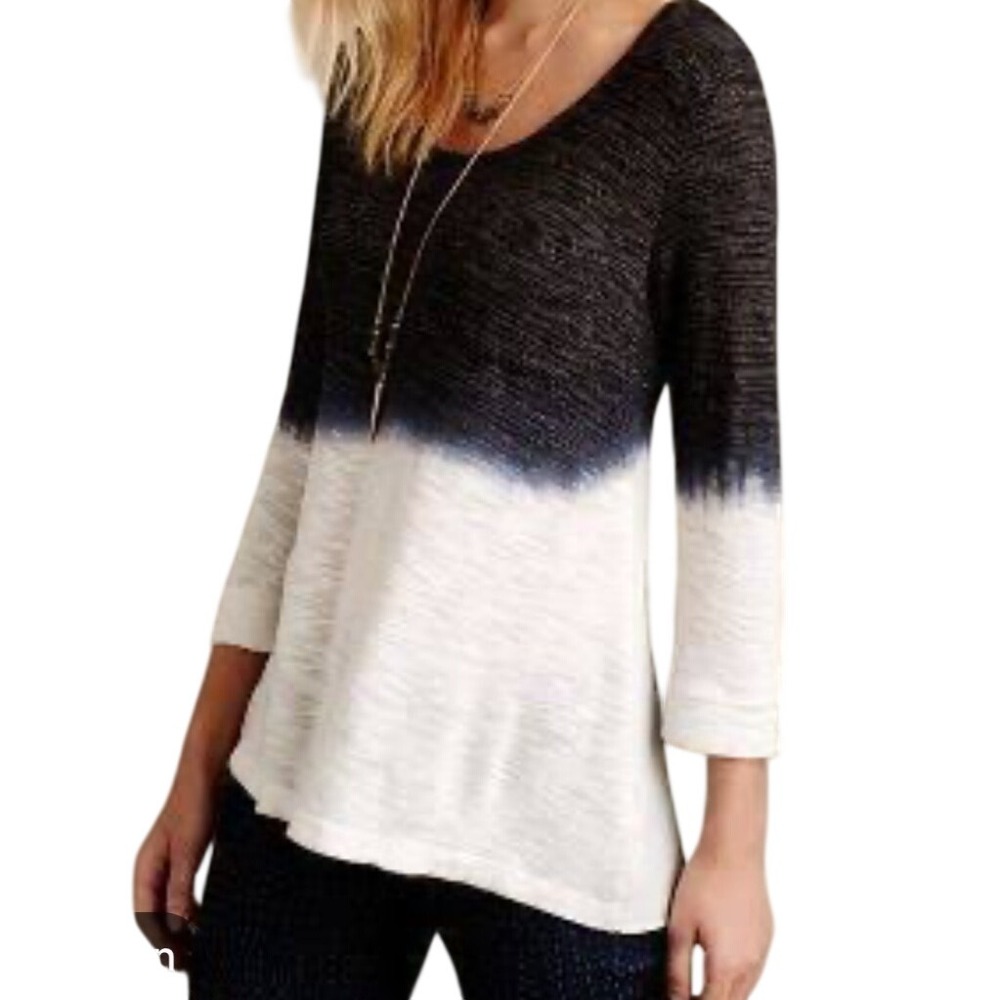 Language Womens Ombre Dip Dye Open Back Slub Knit Top Black White Medium
